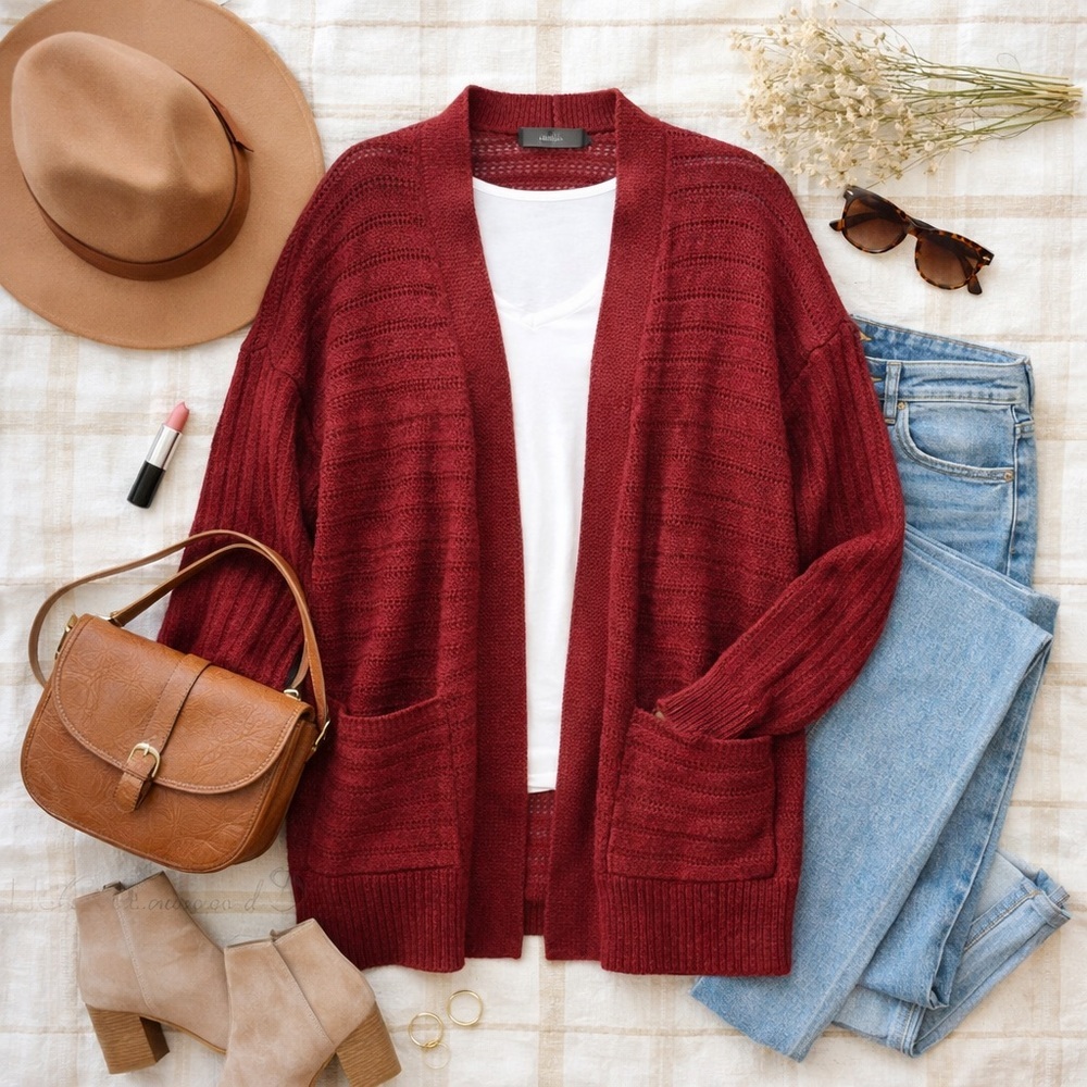 ZESICA | Burgundy Open Knit Cardigan | Lightweight | Pocket | Size M - Picture 2 of 6